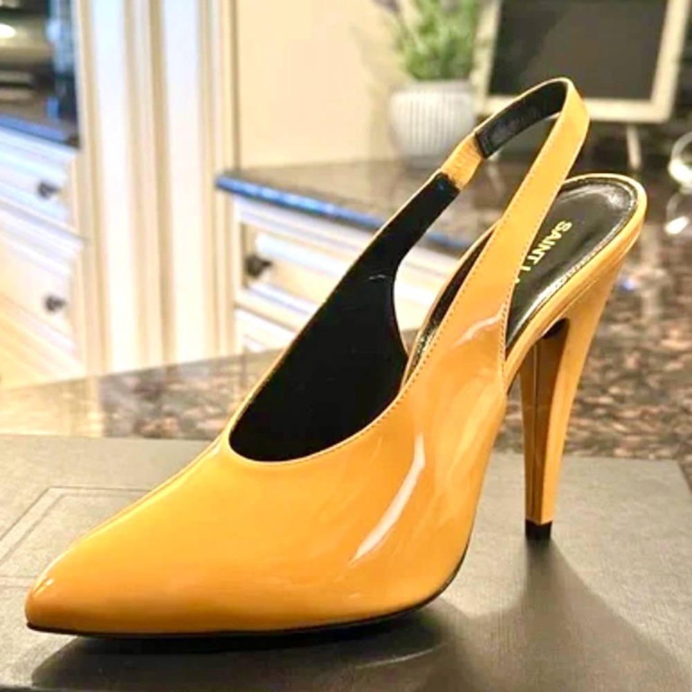 NEW! SAINT LAURENT YSL Mustard Yellow Patent Leather Slingback Pumps 36/5.5
